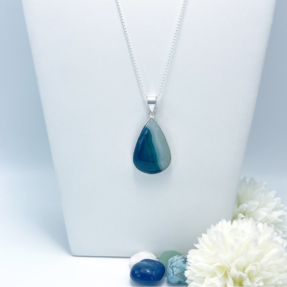 Teal Lace Onyx Gemstone Pendant Necklace Sterling Silver 925 Pear Cut New - Picture 3 of 10